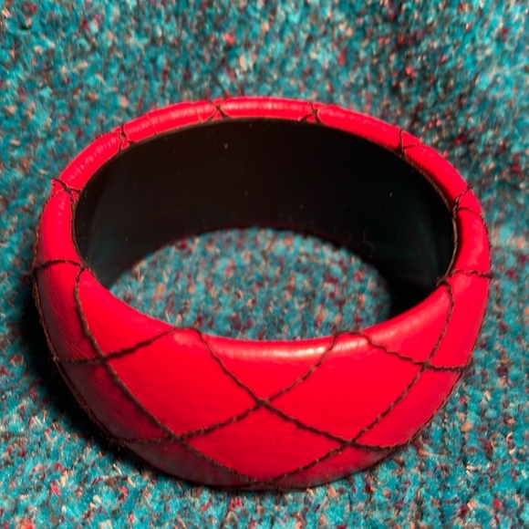 Vintage Leather Like Red Bangle with Black Top Stitch Design - Picture 1 of 2